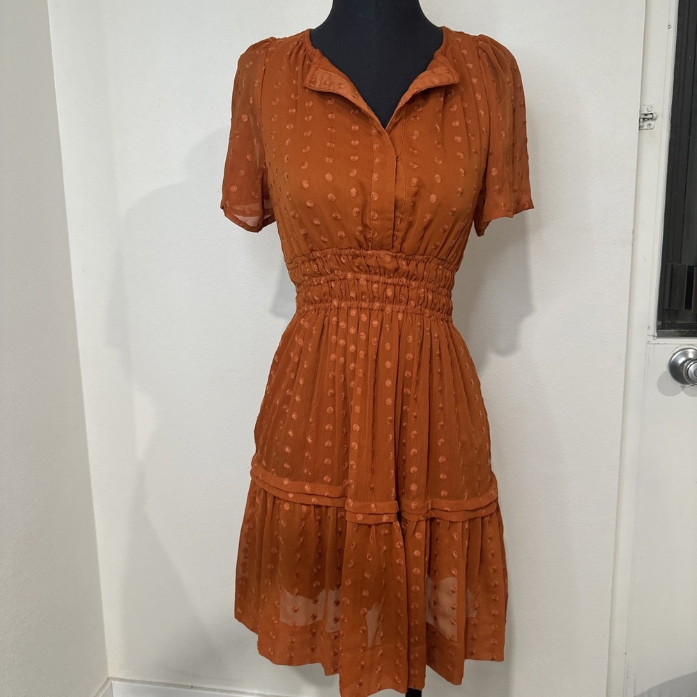Antropologie‎ Swiss Dot Dress Smocked Waist V-neck Ruffle Short Sleeve Size XXS